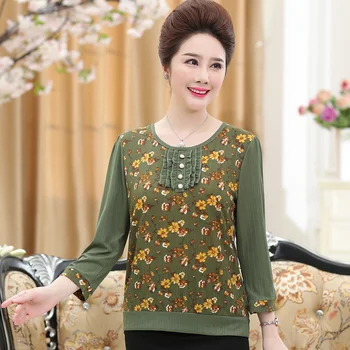 

female lady Three Quarter sleeve chiffon shirt Middle-age women loose large-sized autumn summer blouse tops mother's shirt dress
