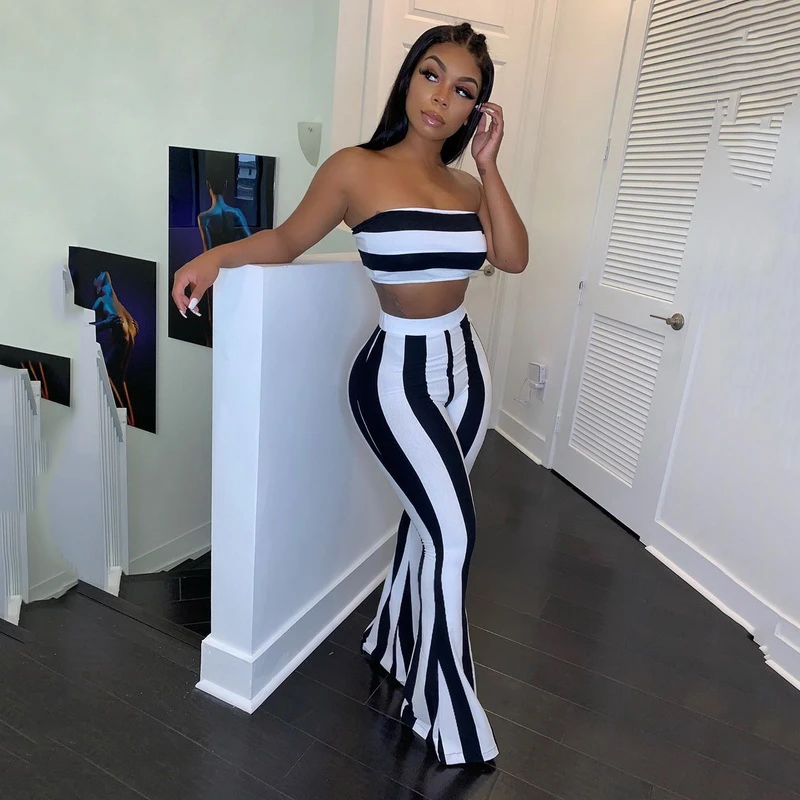 striped flare pants outfit