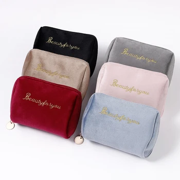 PURDORED 1 Pc Women Zipper Velvet Make Up Bag Travel Large Cosmetic Bag for Makeup Solid Color Female Make Up Pouch Necessaries 3