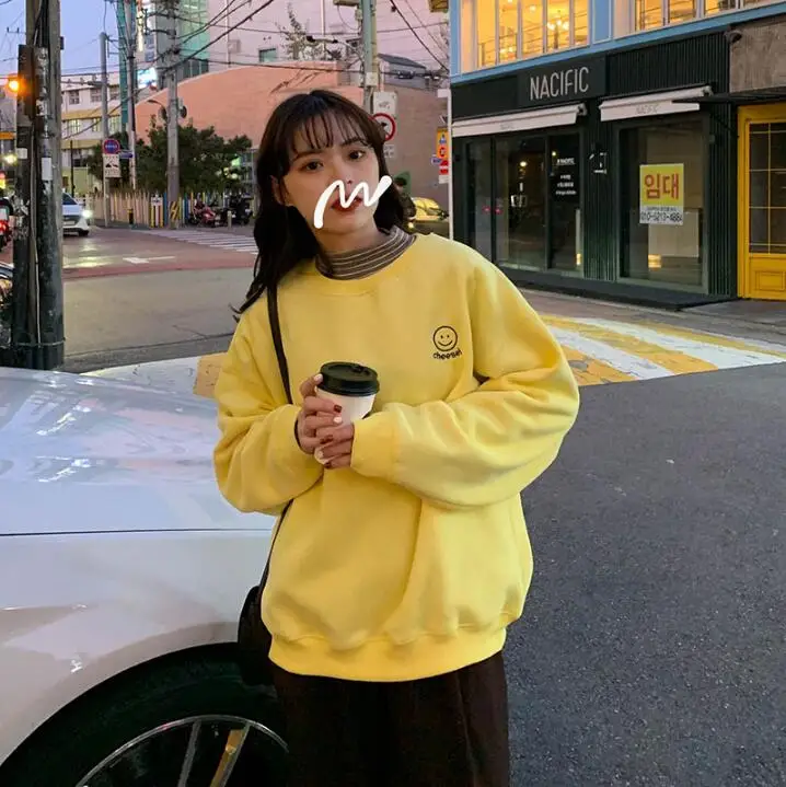 Цвет: желтый Женские кофты японский Harajuku Ulzzang круглый вырез вышитый смайлик Толстовка Женская Корейская Kawaii одежда для женщин - Цвет: Цвет: желтый