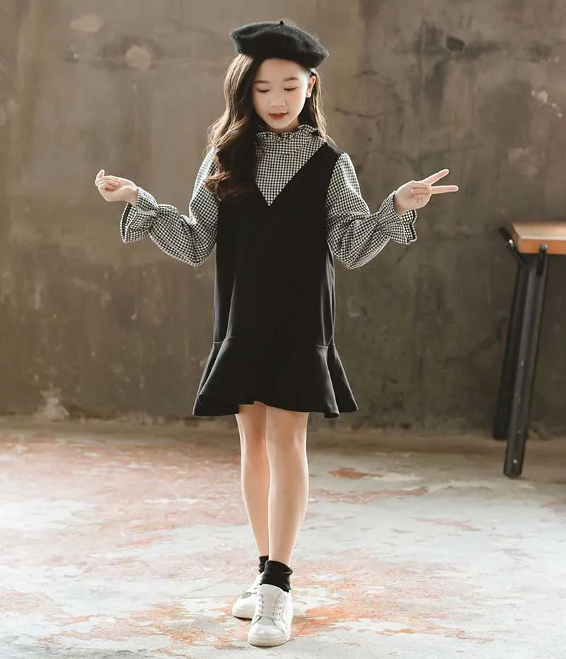 school lantern sleeve cotton dress teenager girl plaid patchwork kids dresses for girls 10 14 12 9 4 years autumn spring winter (7)