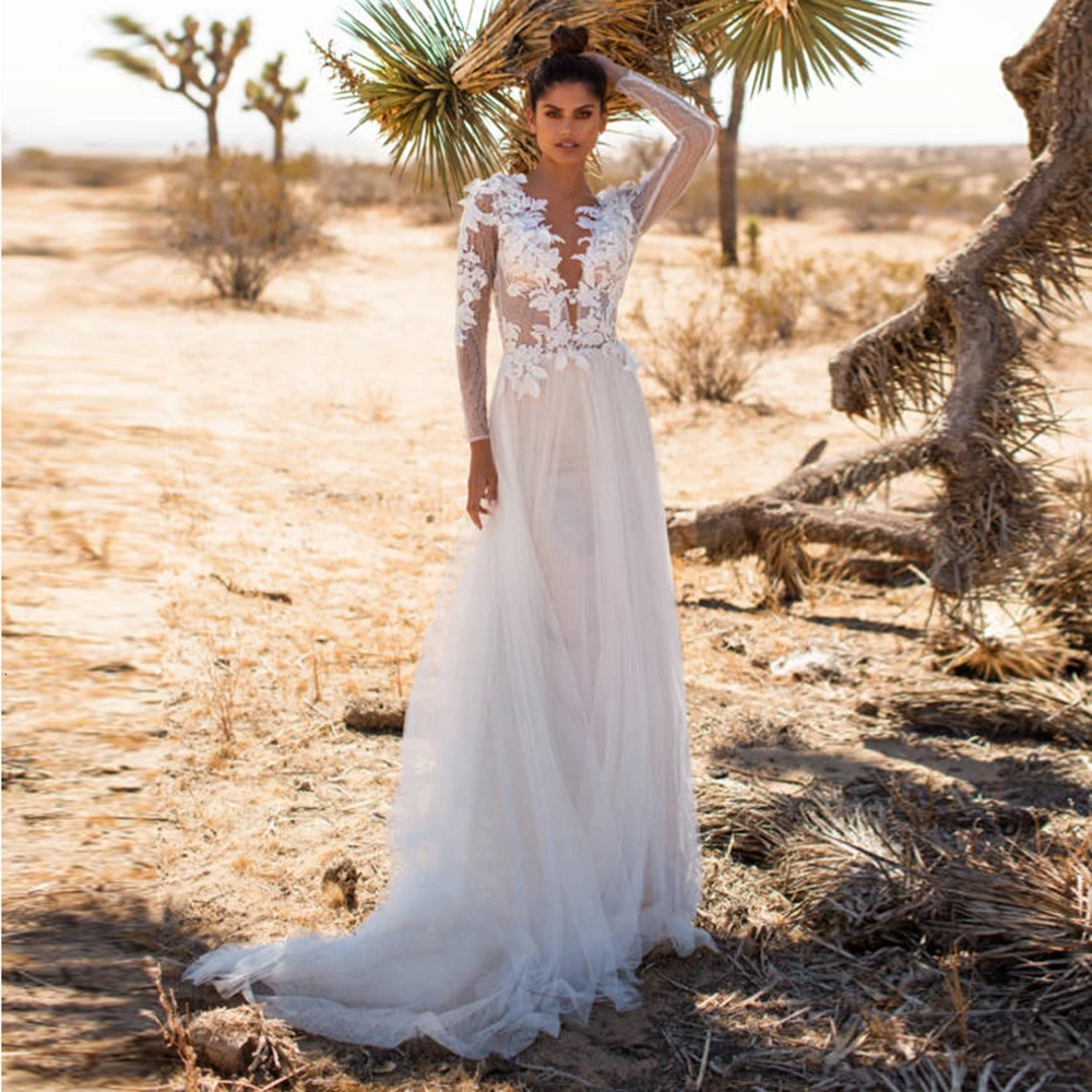 

Elegant Deep V Neck Floral Mesh White Party Dress Women Sexy See Through Open Back Full Sleeve Bride Dresses Vestidos