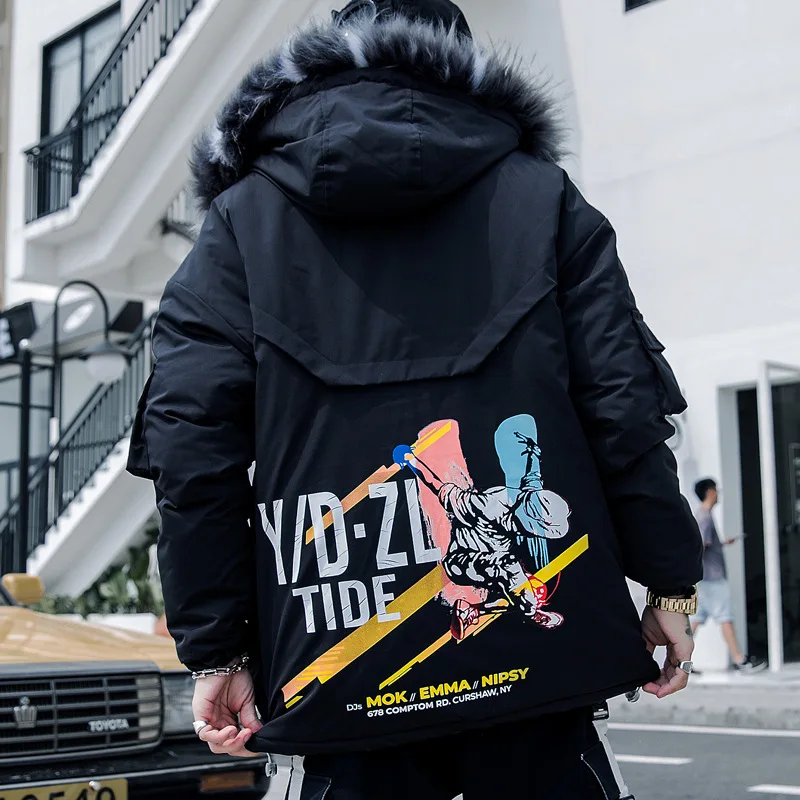Размер США, зимние мужские парки, уличная одежда, меховой воротник, принт, Harajuku, много карманов, толстая куртка, пальто, свободные, модные, хип-хоп, DG481