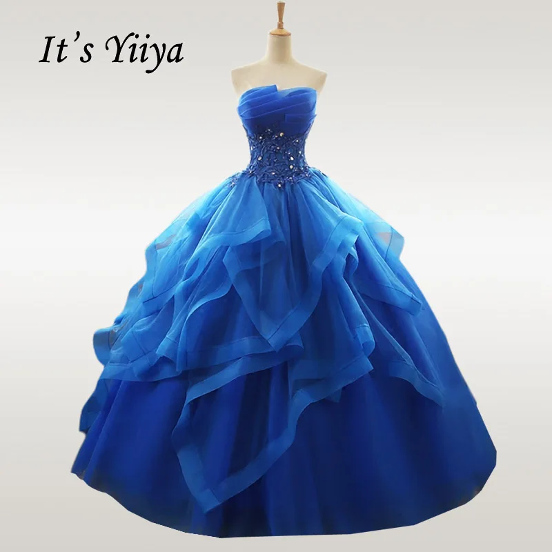 Это Yiya свадебное платье без бретелек хрусталь бисер Тюль Синий халат De Mariee элегантный плюс размер плиссированные свадебные бальные платья CH211 - Цвет: Синий