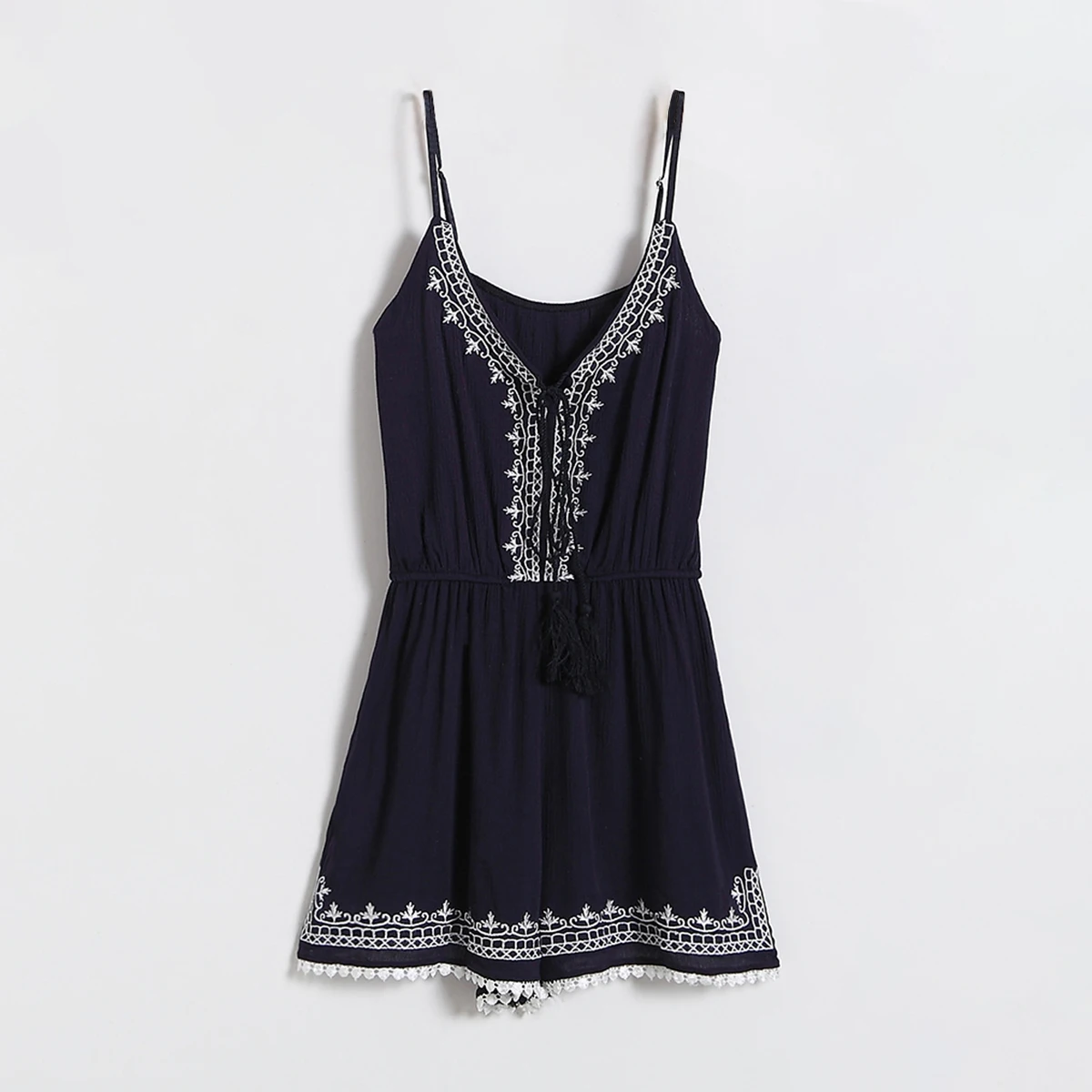 Navy Blue Boho Летний геометрический пляжный костюм с вышивкой без спинки облегающий пляжный Повседневный винтажный комбинезон для женщин - Цвет: Navy Blue