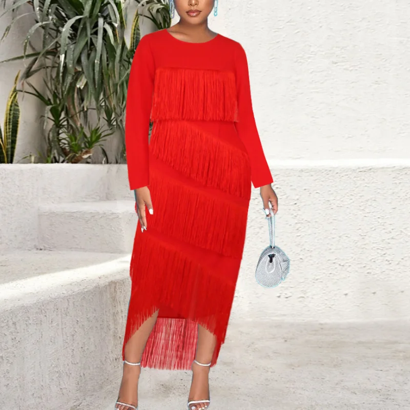 Женское платье с бахромой черное элегантное праздничное миди длинным рукавом