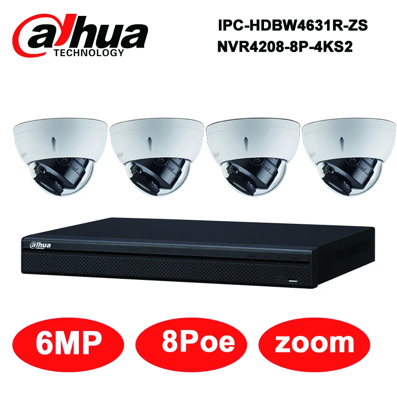 Dahua 6MP 8+ 4 системы видеонаблюдения 4 шт. 6MP POE Zoom ip-камера IPC-HDBW4631R-ZS и 8POE 4K NVR NVR4208-8P-4KS2 комплекты видеонаблюдения