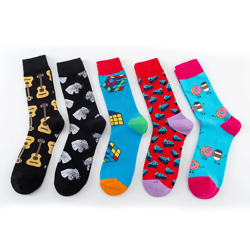 MODA MULAYA New Happy Socks Men/Women Cheese White Panther Head Guitar Chocolate Trendy Colorful Funny Socks Cotton Breathable guitar