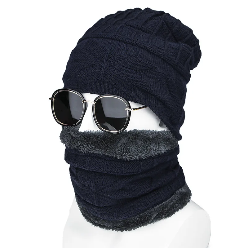 Blue Зимние мужские шапки, корейская мода, шерстяная шапка, теплая вязанная зимняя шапка из холодного хлопка, уличная велосипедная шапка с воротником - Цвет: Blue