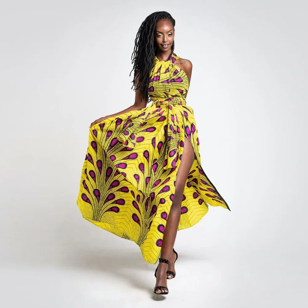 Стиль африканская женская одежда Дашики мода классический принт разрез Холтер длинное платье Размеры s m l xl DM321