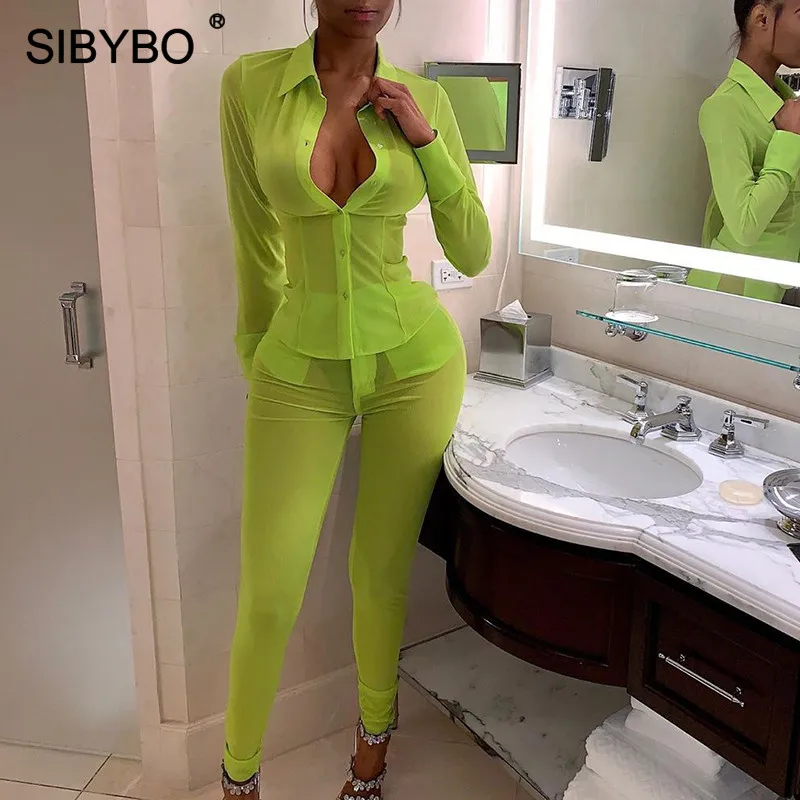 Sibybo сетчатый прозрачный сексуальный комплект из двух предметов, Женский комплект с длинным рукавом и пуговицами, летняя женская рубашка и штаны, комплект для ночного клуба, пляжный Женский комплект - Цвет: Армейский зеленый