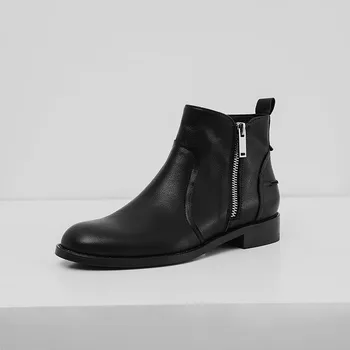 

Chelsea Boots Women Genuine Leather Round Toe Classic Ankle Booties Low Heel 2020 Autumn Winter Designer Ladies Shoes