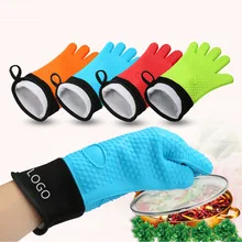 Lengthen plus Cotton Silicone Thermal Insulation Gloves High-temperature Resistant Thick Microwave Oven Gloves Oven Thermal Prot