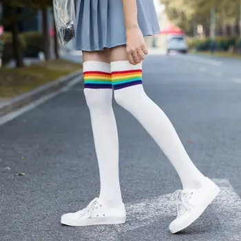 

2019 Sexy Stockings Medias Knee Socks Women Thigh Highs Stocking Female Pantyhose Top Knee Long Socks Rainbow stripes