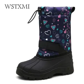 

New Winter Russia Kids Snow Boots for Girl Fur Shoes Warm Plush Boys Boot Mid-Calf Waterproof Cloth Children Fashion Flower Boot