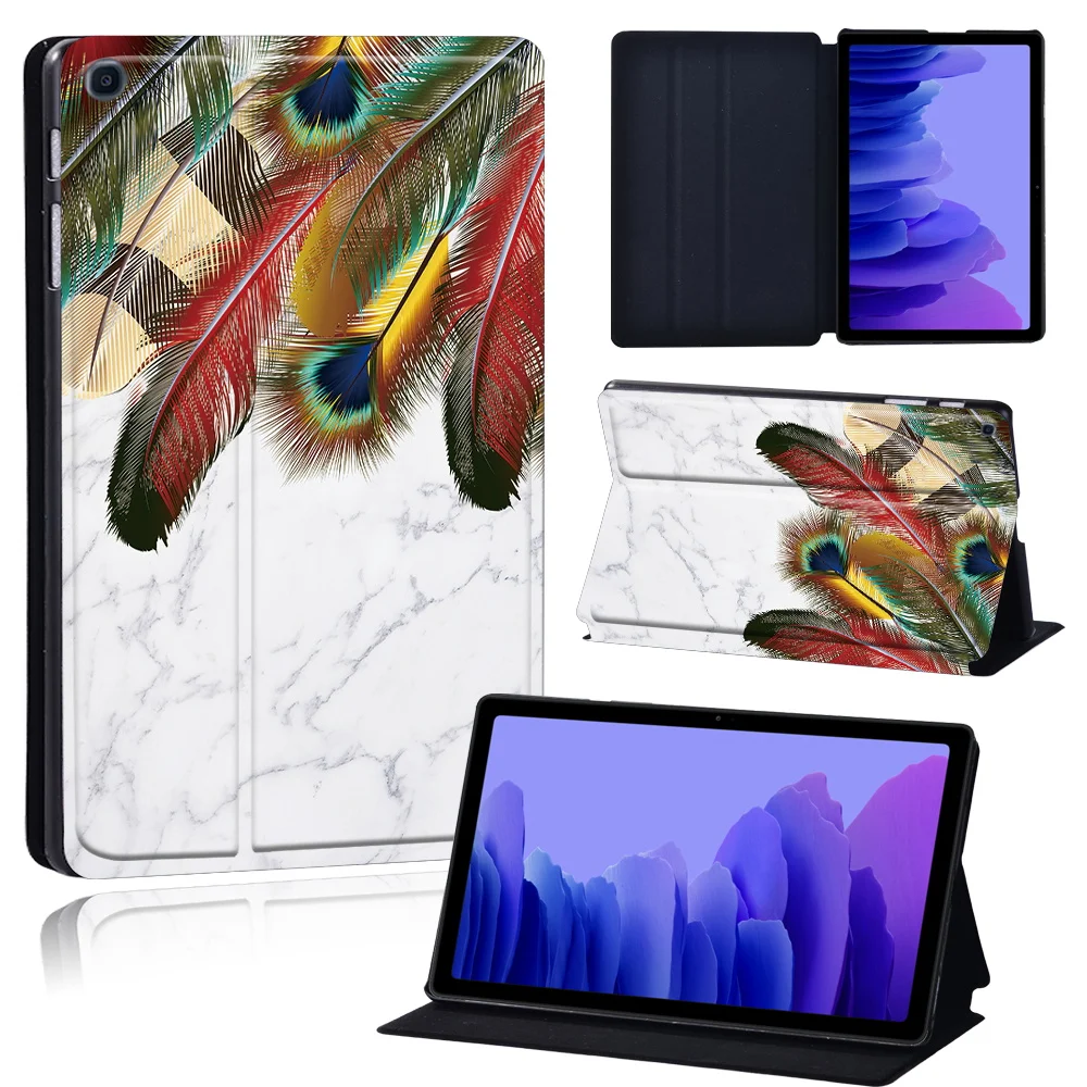 Tablets Case for Samsung Galaxy Tab A7 10.4 Inch 2020 T500/T505 Printed Feather PU Leather Tablet Stand folio Cover+ Free Stylus