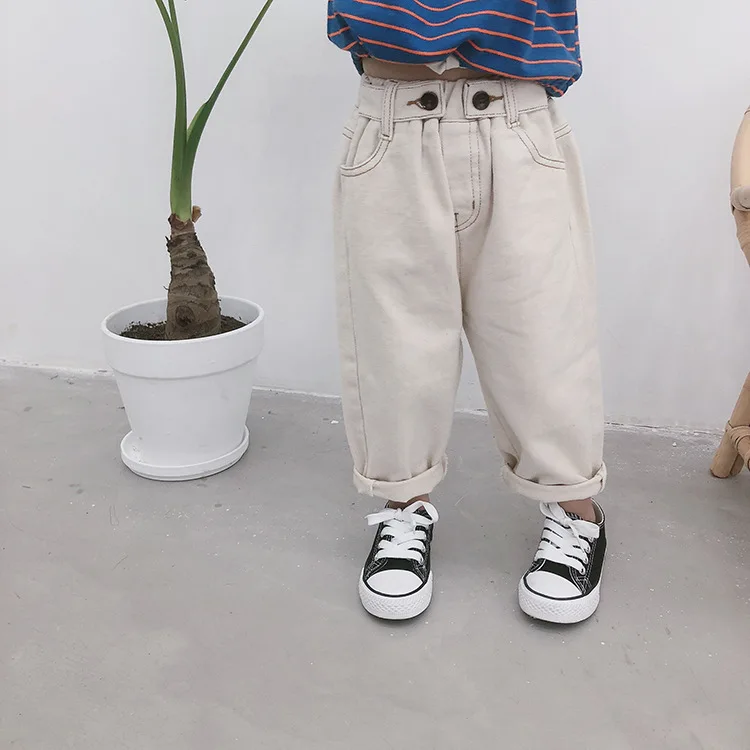 Spring Autumn boys girls casual 2 buttons denim pants kids fashion all-match patchwork jeans