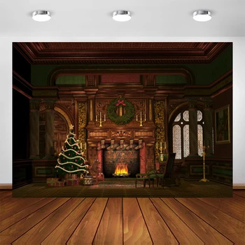 

Merry Christmas Tree Fireplace Flame Chalet Baby Child Portrait Photo Backgrounds Photography Backdrop for A Photo Studio