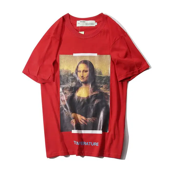 Красный Европейские и американские модели 19SS Off-White OW Mona Lisa для мужчин и женщин, для влюбленных пар, Модная хлопковая футболка с круглым вырезом и коротким рукавом - Цвет: Красный