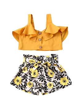 

Toddler Baby Girl 1T-6T Clothes Summer Solid Color Ruffle Strap Crop Tops Flower Print Short Pants 2Pcs Outfits Clothes Set