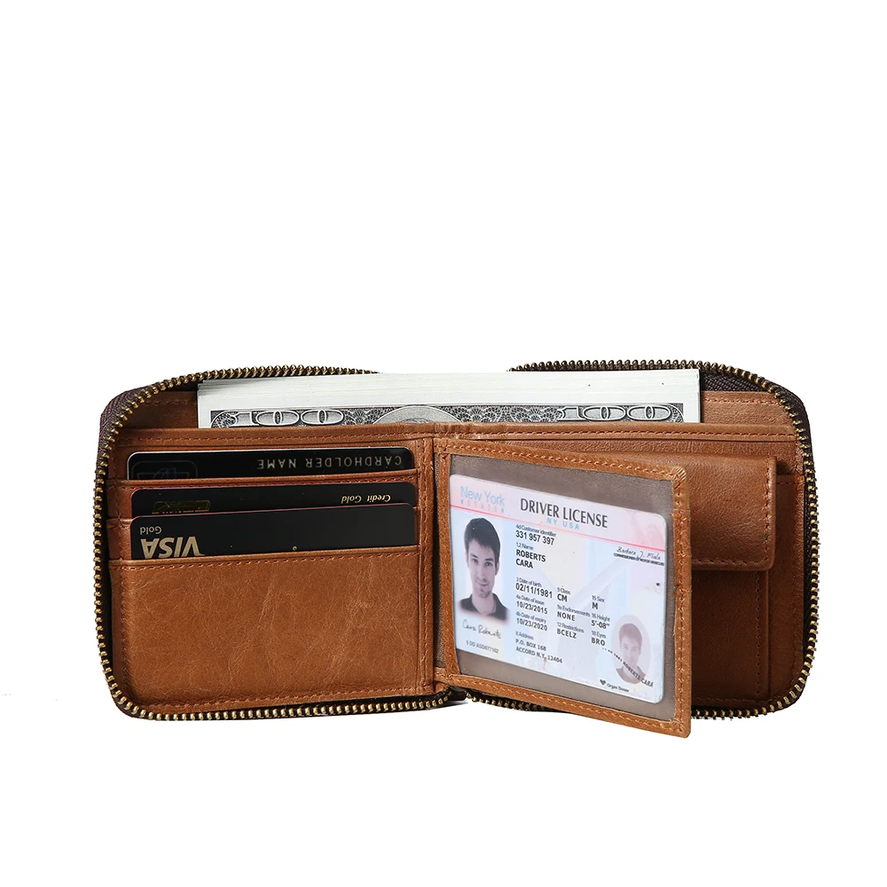 Мужской кошелек на молнии, натуральная кожа, RFID, кошельки для мужчин, с молнией, ID, окошком, карман для монет, тонкий мужской кошелек, кошелек, большая емкость
