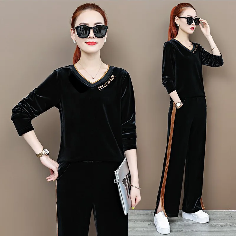 

Autumn Women Sportswear Tracksuit Velvet Vneck Loose Sweatshirt Wide Leg Pant Running Jogger Fitness Gym casual Set Sport Suit