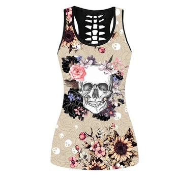 Summer Women Sport Vest Flower Skull 3D Print Yoga Shirt Quick Dry Gym Running Shirt