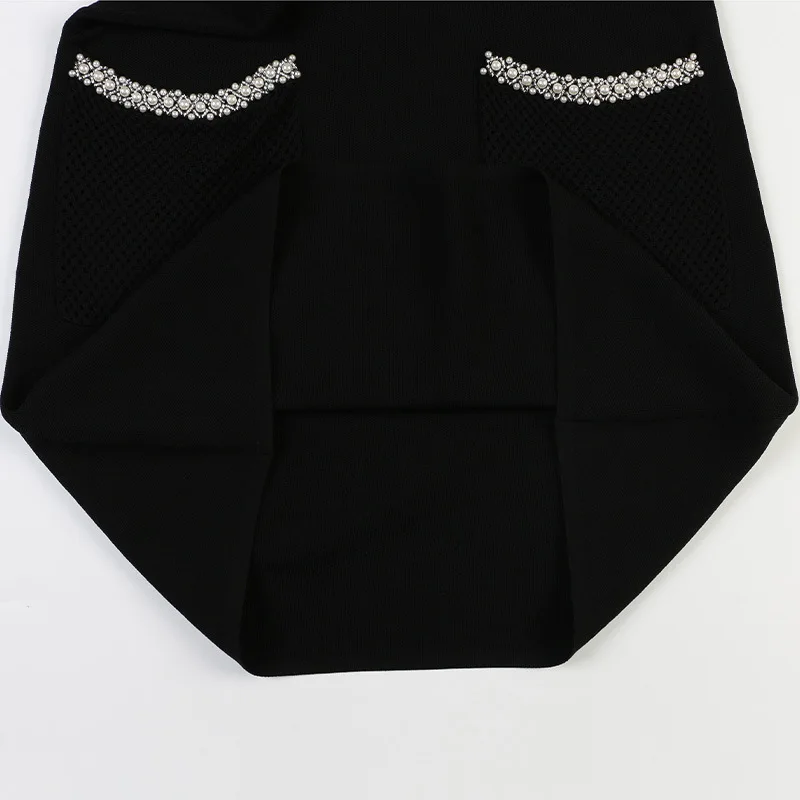 Tunjuefs Slim Fit выдалбливают карманы вязаное платье для женщин Vestido жемчужное Бисероплетение элегантное облегающее платье пуловеры комбинезон