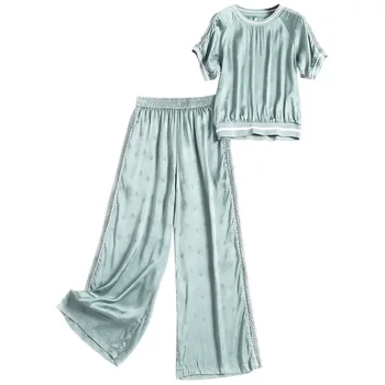 

Women summer lounge wear set 2020 short sleeve solid short sleeve T-shirts elastic waist mesh side wide leg pants 2 piece sets