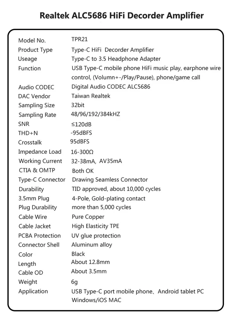 ALC5686 Upgrade USB C to 3 5mm Headphone Adapter HiFi Type C to Aux Audio Jack 32Bit 384Khz Hi Res Portable Amplifier DAC Dongle