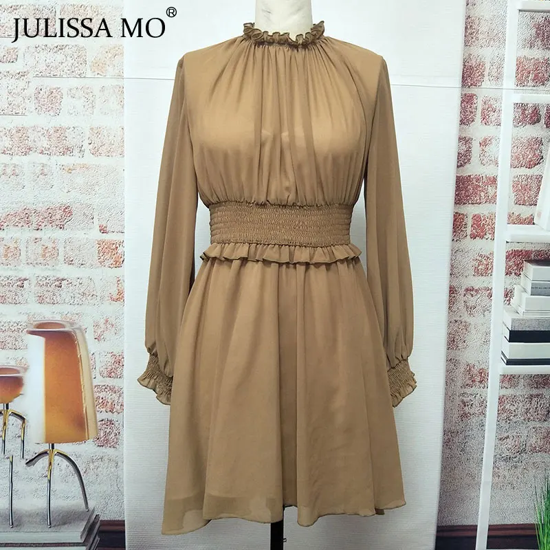 Хаки Julissa mo элегантное гофрированное женское шифоновое платье Сексуальное просвечивающее мини-платье с длинным рукавом летнее Дамское Платье для рождественской вечеринки - Цвет: Хаки
