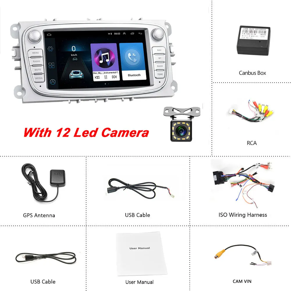 Camecho 2 din " Android 8,1 автомобильный Радио gps мультимедийный плеер gps Navi для Ford Focus EXI MT 2 3 Mk2/Mondeo/S-MAX/C-MAX/Galaxy - Цвет: Silver With 12 LED