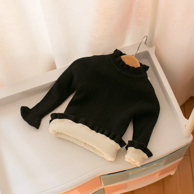 

CHILDREN'S Sweater Autumn And Winter Korean-style Girls Frilled Collar Lace plus Velvet Sweater Baby Thick Long Sleeve Base Shir