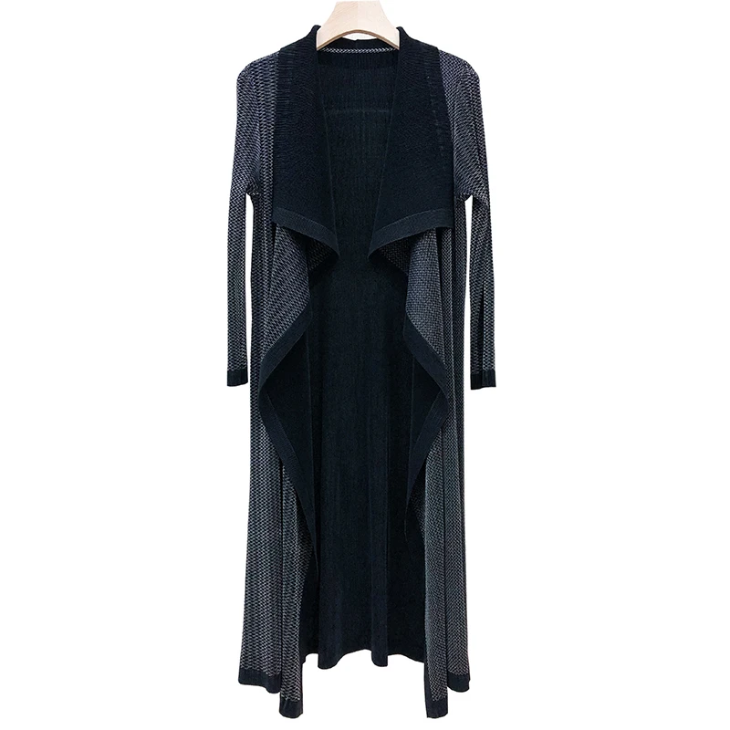 HOT SELLING miyake turn-downcolla outerwear pleated stripe pleated outerwear IN STOCK