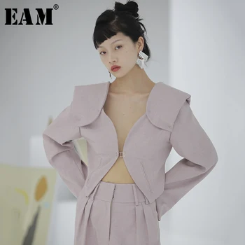 

[EAM] Loose Fit Back Cross Bandage Hollow Out Short Jacket New V-collar Long Sleeve Women Coat Fashion Tide Spring 2020 1S722