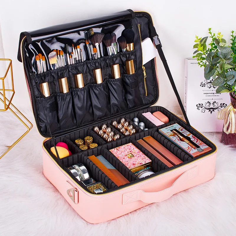 

Pink Organizer For Cosmetics Case Suitcases Large Waterproof Leather Professional Makeup Bag Travel Toiletry Make up Storage Box