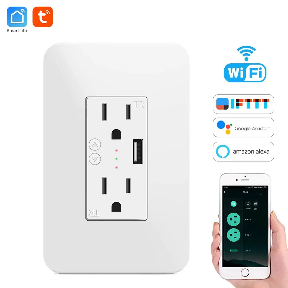 Tuya Wi-Fi розетка 15A US Настенный умный разъем для usb-порта розетка для умного дома Alexa Google home Голосовое управление - Цвет: Socket