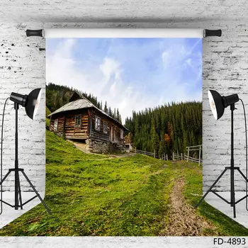 

Spring Forest Scenic Green Grass Log Cabin Wood House Scenery Background Children Portrait Photography Backdrop For Photo Studio