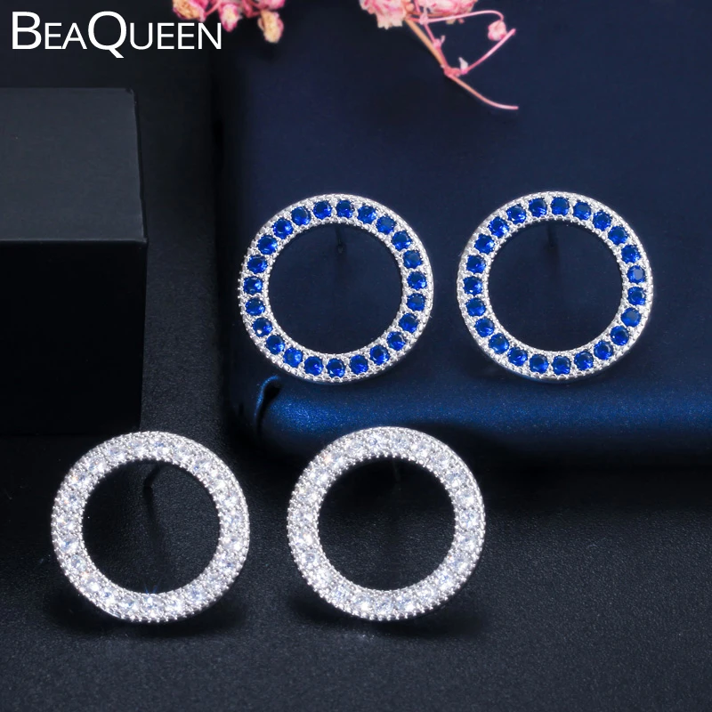 

BeaQueen Korean 925 Sterling Silver Pin Micro Pave Dark Blue Cubic Zirconia Hollow Out Round Stud Earrings Women Jewelry E309