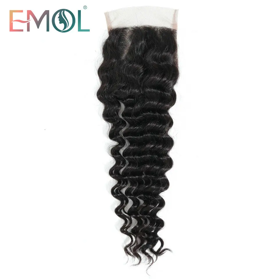 

Emol Malaysian Deep Curly Lace Closure Free Parting Bleached Knot 4"x 4" Swiss Lace 100% Non-Remy Human Hair Weave Top Closure