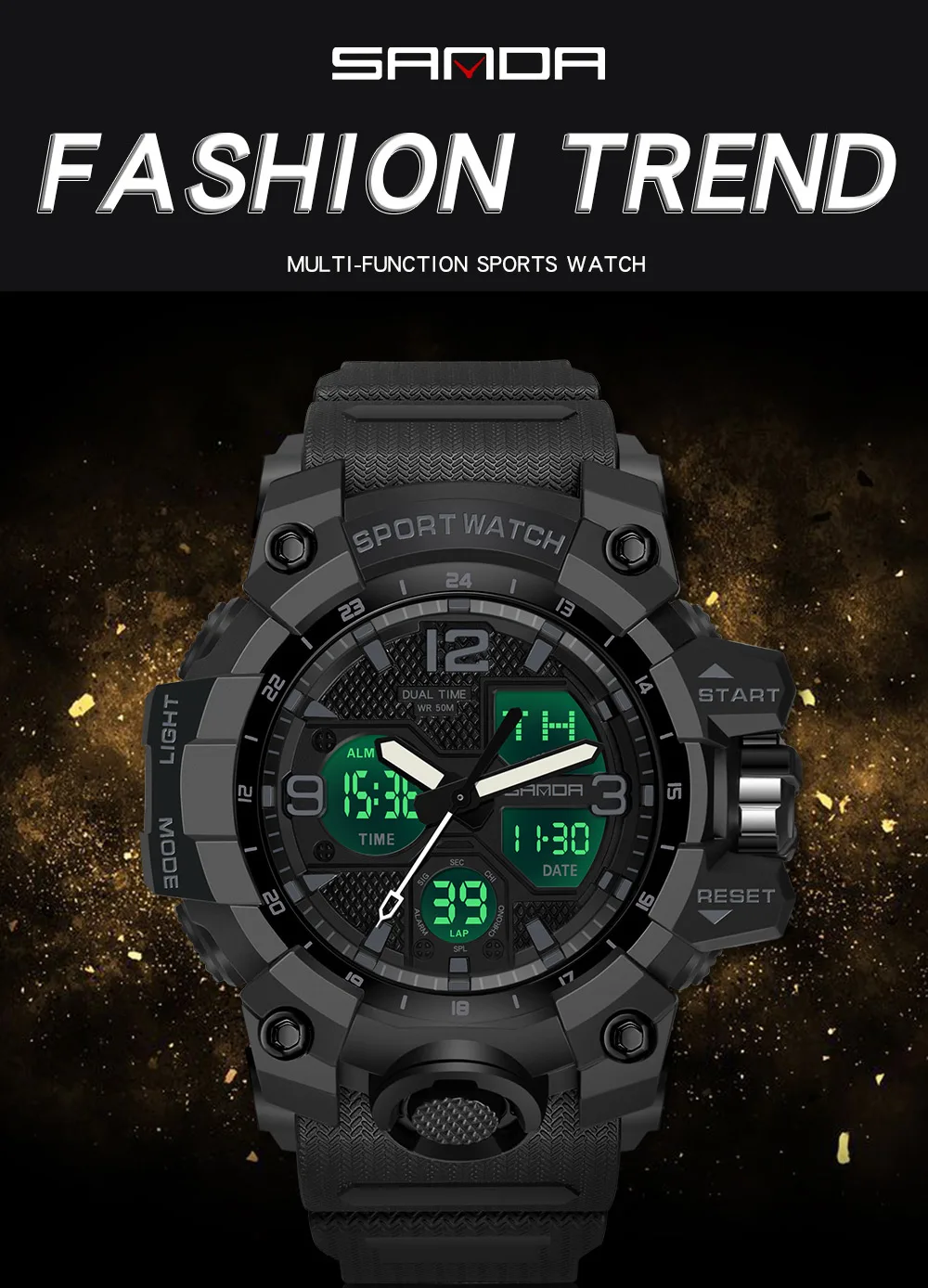 SANDA New Fashion Sport Military Men's Wrist Watch Digital Quartz Dual Display Watches Waterproof Casual Watch for Male 6030