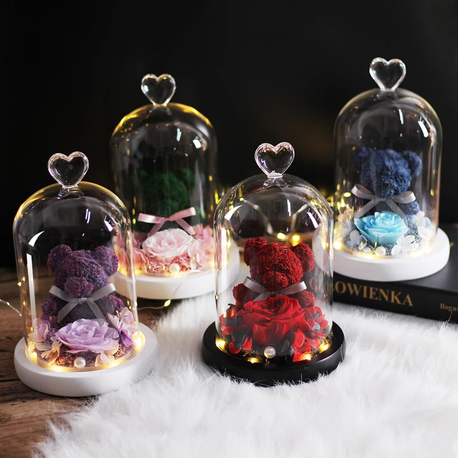 

Fine Teddy Bear Molding Eternal Preserved Fresh Rose LED Light In A Flask Immortal Rose Valentine's Day Gifts Free Shipping