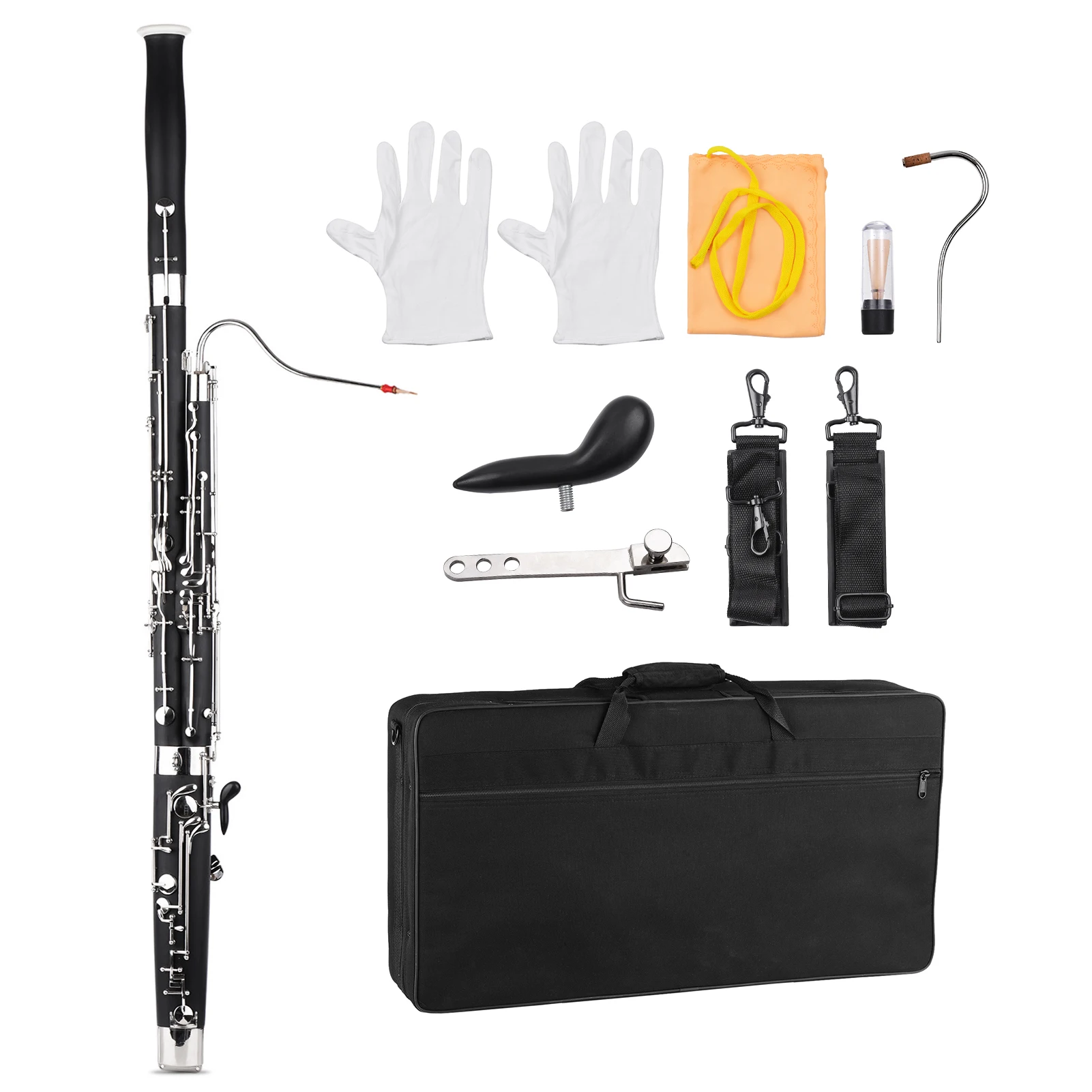Professional C Key Bassoon Woodwind Instrument Synthetic Wood Body Cupronickel Nickel-Plated Keys with Reed Gloves Cleaning
