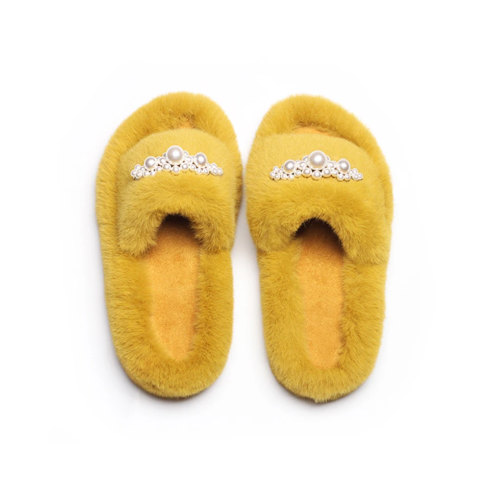 Fluffy Flip Flops Furry Fur Slides Designer Pearl Chain Plush House Slippers Women Casual Faux Fur Slippers Cozy Warm Home Shoes