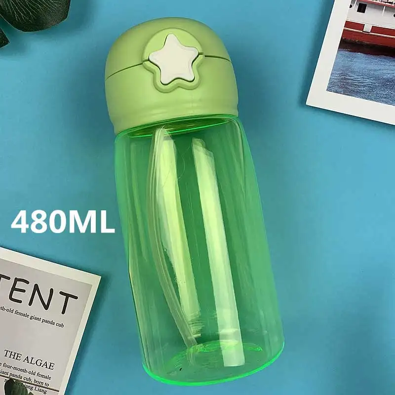 green 480 мл герметичная портативная Милая мультяшная детская бутылка с соломинкой пластиковая Спортивная бутылка для воды Agua - Цвет: green