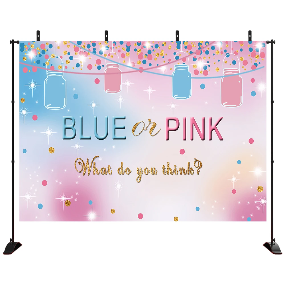 

Blue and Pink Gender Reveal Backdrop Girl or Boy Pregnancy Announcement Surprise Party Supplies Ideas Mason Jars Banner Candy