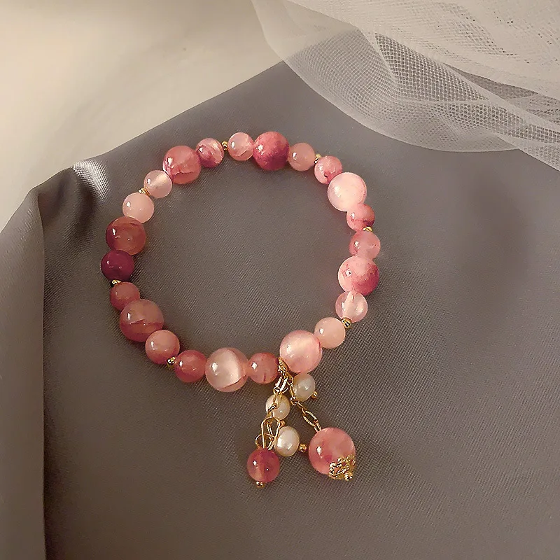 

Natural Pink Crystal Beaded Bracelet Peach Blossom Luck Charm Bracelet Girl Strawberry Spar Stone Chain Bracelet Lover's Gifts