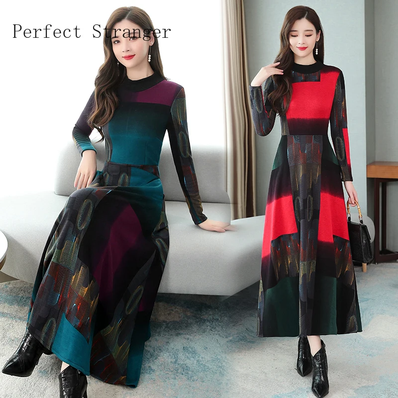 2020 Autumn Winter New Arrival High Quality Plus Size M-3XL Stand Collar Thicken Brushed Color Block Women Long Dress