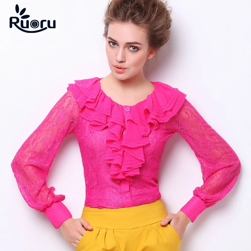 

Ruoru 2021 Women Lace Body Shirt Ruffled Tops Work Office Wear Long Sleeve Bodysuit Blouses Female Office Lady Body Shirt
