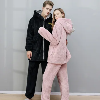 

Home Suit Warm Pajamas for Couples Pijamas Mujer Winter Pyjamas Flannel Cute Home Clothes Women Hooded Sleepwear Lounge Set